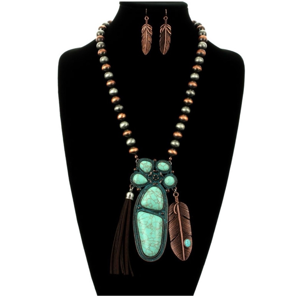 Southwestern Turquoise & Copper Feather Statement Set